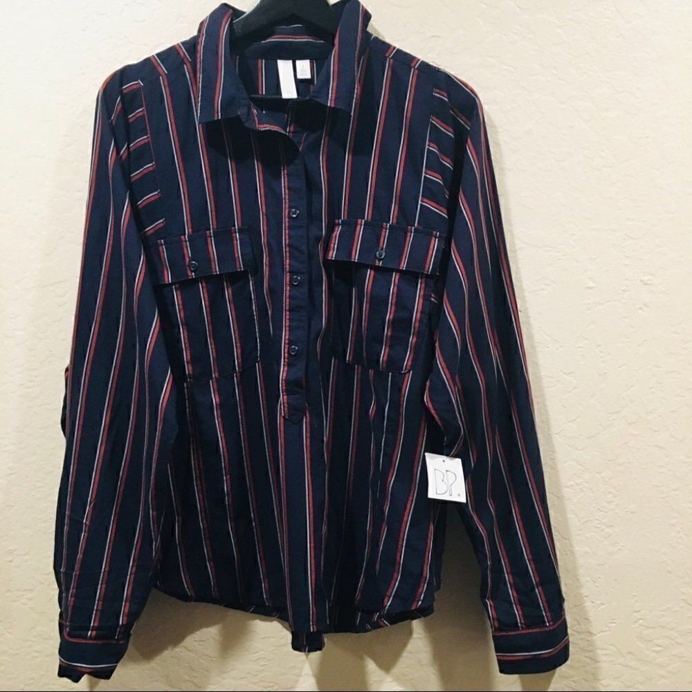 New BP Navy 3/4 button Striped Long Sleeve Top Lg